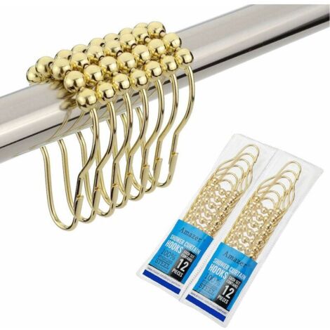 AGE Paquet de 2 anneaux de crochets de rideau de douche, anneaux et crochets de rideau de douche en acier inoxydable résistant à la rouille-ensemble de 24 dorés poli (1/5)