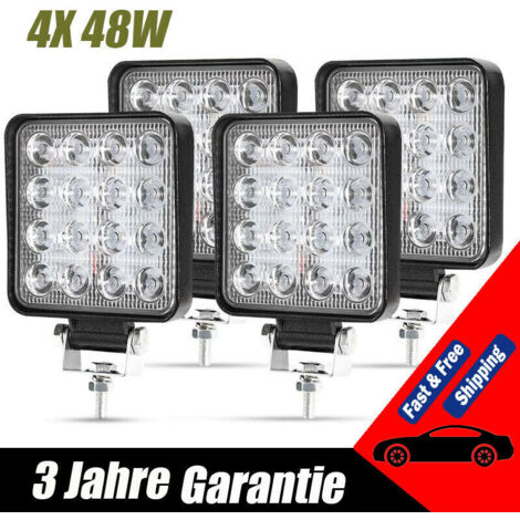 Lot de 4 phares de travail LED 48 W, 12 V/24 V, pour tracteur, camion, excavatrice (1/4)