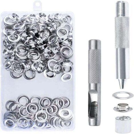 100pcs Kit de Grommets Eyelets Outils, 10mm Oeillets pour Baches, Trousse à Oeillets, Grommet Kit avec 3 Pièces Outil, Oeillets pour Bâche, Chaussures, Vêtements, Tentes (1/4)
