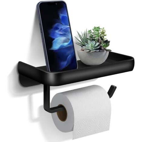 Porte-papier toilette, Support mural pour rouleau de papier toilette avec étagère de rangement en aluminium pour salle de bain et cuisine (noir) (1/5)