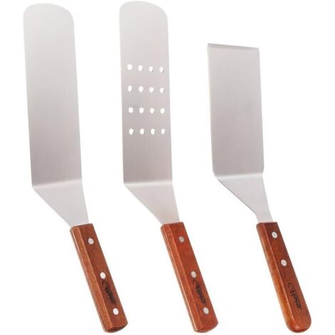 3 Spatules acier inoxydable, kit ustensiles grill : lisse/perforée/tourner-gratter, poignées bois, pour teppanyaki/grillades