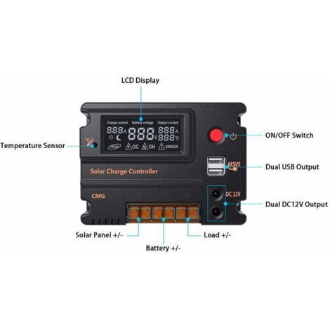 Contrôleur de Charge Solaire LCD 10A 12V 24V - Régulateur de Batterie avec Protection Contre les Surcharges et Compensation de Température (Modèle CMG-2410 10A) (1/5)