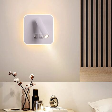 Feux de chevet LED Lampe murale hotel intérieur Lumières mural lit Lampe murale couloir avec interrupteur Noir 3W + 10W,3000K blanc chaud (Carré Blanc) (1/5)