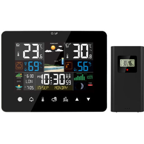 Station météo lever et coucher du soleil réveil multifonction thermomètre hygromètre fonctionnement à écran tactile avec capteur extérieur sans fil,Le noir,de DEBUNS (1/5)