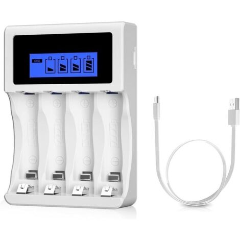 Chargeur de Batterie Blanc, Chargeur AA/AAA avec Grand écran LCD, 4 espaces de Charge, Chargeur de Piles Rapide Universel, pour Piles NI-MH NI-CD, pour AA et AAA Piles Rechargeables (1/5)