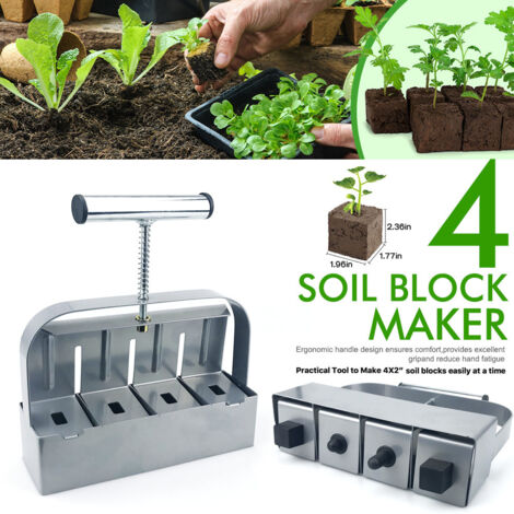 Nouvelle Presse à Mottes pour Semis – Outil de Jardinage pour Blocs de Terre et Plantation (Presse à mottes Soil blocker, poignée pleine argentée)