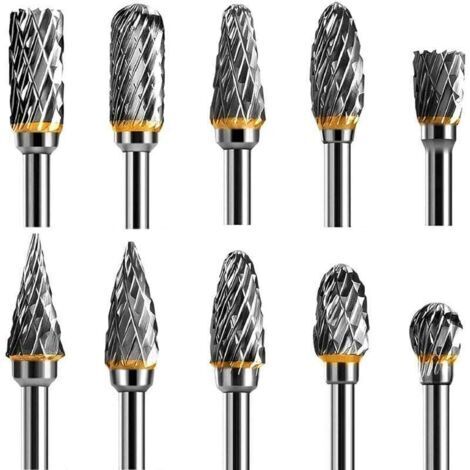 BARKBUSTERS Jeu de Fraises Rotatives Acier Carbure de Tungstène Double Tranchant pour Outil rotatif, 10 pièces Tige 1/8” pour Outil Rotatif pour Bricolage, Sculpture sur bois, Polissage métaux, Gravu (1/4)
