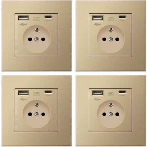 BARKBUSTERSLot de 4 prises murales avec USB et Type-C, 5 V 2,1 A, prise USB encastrée standard UE, multiprise France, 110-250 V (Doré) (1/4)