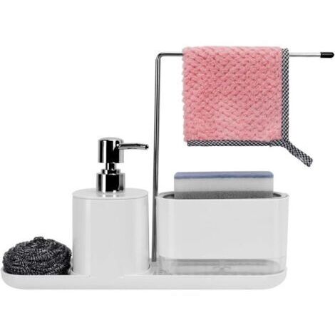 BARKBUSTERS5 en 1 Distributeur Liquide Vaisselle Cuisine Organisateur d'évier de Cuisine Blanc Porte-éponge de Qualité Distributeur Savon Liquide Mains Porte Chiffon 500ml