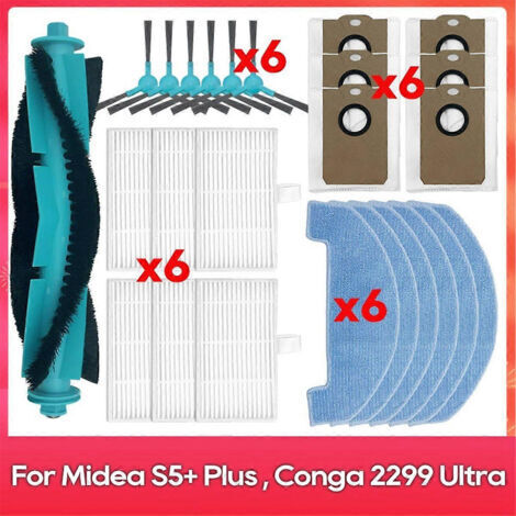 BARKBUSTERS Accessoires pour balai à franges Midea S5 Plus / Conga 2299 Ultra Home X-Treme Genesis : brosse latérale principale, chiffon à poussière
