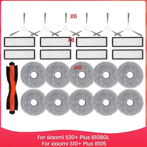 BARKBUSTERS Pièces détachées pour aspirateur robot Xiaomi S20+ Plus B108GL / S10+ Plus B105 : rouleau principal, brosse latérale, filtre HEPA, lingette de nettoyage et accessoires.