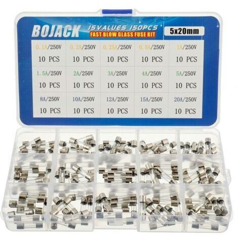 BARKBUSTERS 15 Valeurs Assortiment de fusibles en verre avec raccord rapide 150pcs 5x20mm 250V 0,1 0,2 0,25 0,5 1 1,5 2 3 4 5 8 10 12 15 20A Conditionnement en boite plastique transparente (1/4)