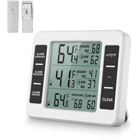 BARKBUSTERS Thermomètre de réfrigérateur numérique,écran LCD, thermomètre de réfrigérateur intérieur/extérieur avec 2 capteurs sans fil et alarme audio pour la maison, le restaurant et le bar, Thermom