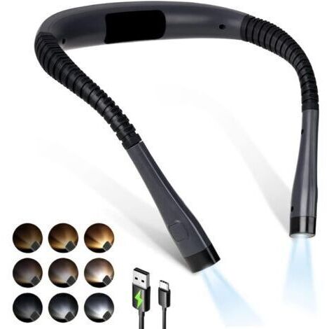 BARKBUSTERS Lampe de lecture rechargeable à porter autour du cou, 3 couleurs, luminosité réglable, lampe de lecture confortable et flexible pour lire, tricoter, réparer