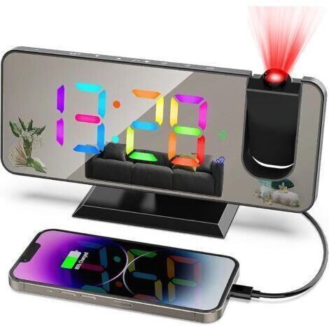 BARKBUSTERS Réveil projecteur 7,4 pouces, horloge numérique avec port USB, 5 niveaux de luminosité réglables, double alarme, fonction snooze, format 12/24 heures