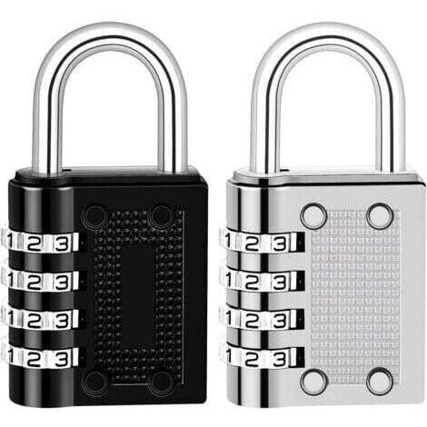 Lot de 2 Cadenas Code de 4 Chiffres, Cadenas à Combinaison Alliage de Zinc Cadenas Casier Code pour Valise Casier College Gym Avion(Noir,Argent)