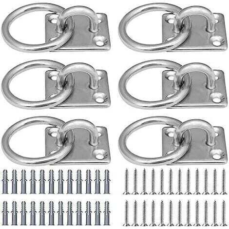 Lot de 6 plaques oculaires en Acier Inoxydable  Œillets carrés avec Anneau argenté Crochet de Plafond avec 24 vis et 24 Tubes d'expansion, pour Corde de Yoga et ha