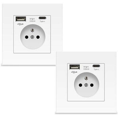 2 prise murale blanche avec USB et Type C, prise de courant en verre, 5v, 2100mA