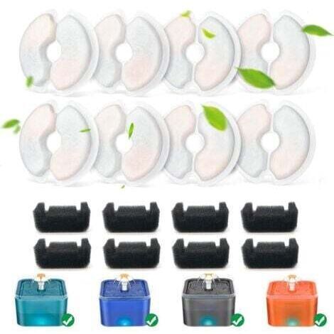 Lot de 8 filtres de fontaine à eau pour chat + 8 filtres éponge, charbon actif de 10,5 cm et résine de rechange pour fontaine pour animaux de compagnie de 2 L/2,5 L - Triple système de filtration pour
