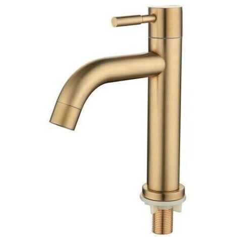 Robinet d'eau froide simple pour lavabo de salle de bain en laiton, poignée unique, avec tuyau d'arrivée, or brossé (eau froide simple)