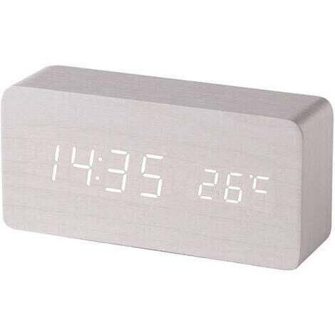 (Blanc) Réveil digital en bois avec contrôle sonore par LED, alimentation double par batterie USB, horloge silencieuse en bois avec LED, décorations pour la maison (1/5)