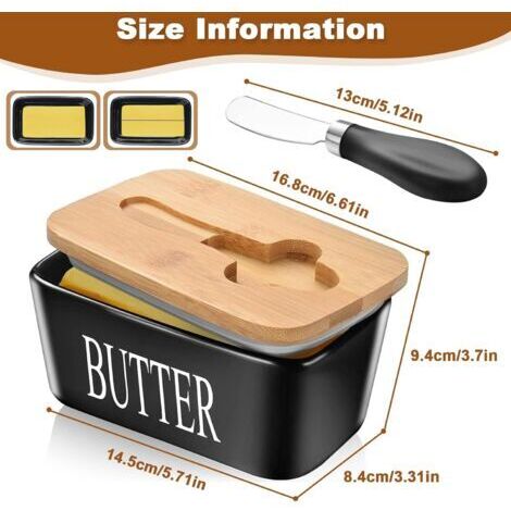 Beurrier en Céramique avec Couvercle en Bois, Couteau à Beurre & Joints en Silicone, Boite Beurre Porcelaine Multifonction, Conteneur de Beurre Grand pour Placer Fromage, Salade de Fruits, Noix (Noir)