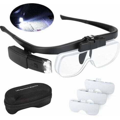 Lunette Loupe Eclairante LED 2 Lumières, Loupe Serre-Tête pour Lecture Précision Travail Horloger Malvoyant Main , USB Rechargeable Loupe Frontale Grossissante Interchangeable 1.5X, 2X, 2.5X,TRIMEC (1/5)