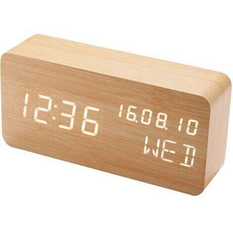 (Couleur bois) Réveil digital en bois avec contrôle sonore par LED, alimentation double par batterie USB, horloge silencieuse en bois avec LED, décorations pour la maison (1/5)