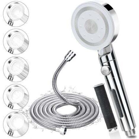 Pommeau de Douche avec Tuyau 2m, Pommeau de Douche Haute Pression avec 5 Modes de Jet, Pommeau Douche Economie Deau avec Arret, Douchette Douche Filtrant Anti Calcaire Salle de Bain,Facile à Installer (1/5)