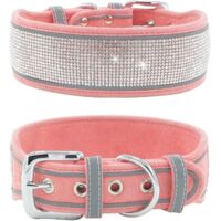 RGE Collier pour chien réfléchissant moyen grand chien paillettes en daim avec strass, cravate pour animaux de compagnie et numéros de téléphone portable anti-perte (rose)