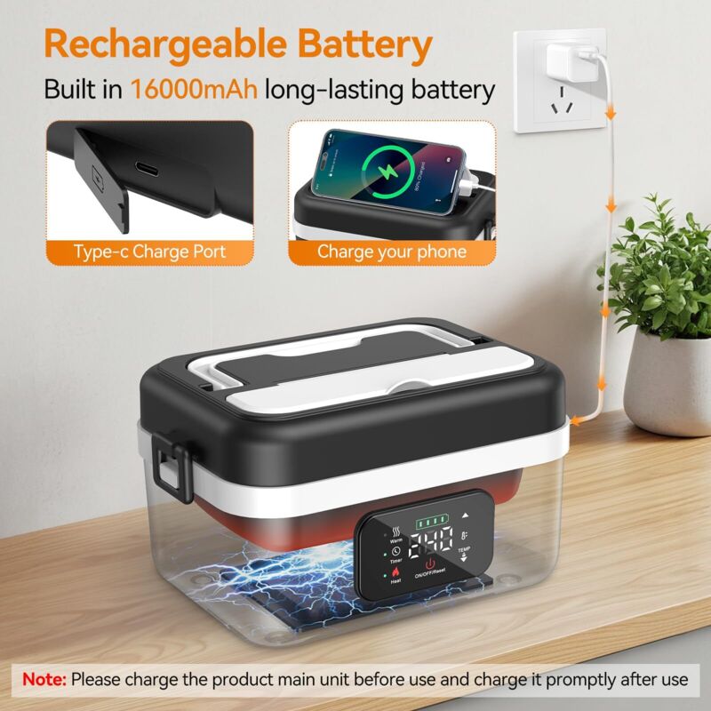 Réchauffe Plat IXPIUZB – Gamelle Chauffante Sans Fil – 16000 MAh – 7 Niveaux De Température – Minuterie – Pour Bureau, Chantier, Voiture Chauffe-repas Portable