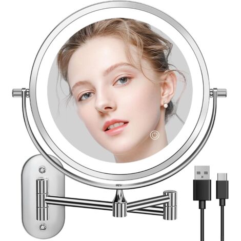 Miroir de maquillage mural de 8 pouces, rechargeable par USB, LED, 3 lumières colorées, double face, grossissement 1X/10X, interrupteur tactile (1/5)
