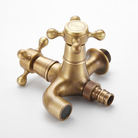 Maniglia per rubinetto in ottone antico multifunzionale per lavanderia, bagno, lavatrice, rubinetto da giardino, rubinetto lungo a doppia testa, rubinetto freddo (1/4)