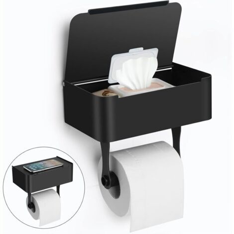 Porte-papier hygiénique avec étagère, support mural en acier inoxydable SUS304/support de papier hygiénique adhésif, distributeur de lingettes jetables pour le rangement des lingettes de salle de bain (1/5)