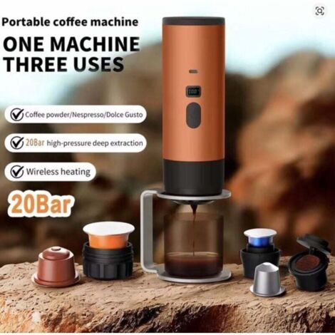 Cafetière expresso portable 3 en 1 – Rechargeable 7800 mAh – Pression 18 bars – Pour capsules et café moulu – Compacte pour voyages et camping