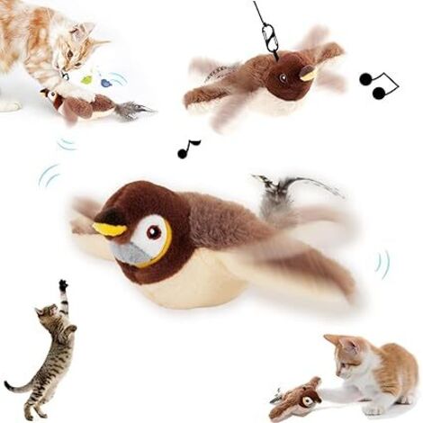 Jouet interactif pour chat – Oiseau gazouillant avec sons réalistes et battement d'ailes – Peluche durable et plumes naturelles – Avec herbe à chat bio