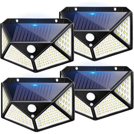 Sunxury – Pack de 4 lampes solaires extérieures 100 LED – Éclairage 1600 lumens – Angle 270° – Détecteur de mouvement jusqu'à 5m – Étanchéité IP65