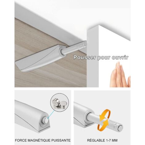 Loquet magnétique Push to Open pour placard – Piston à ressort intégré – Installation sans perçage – Force de fermeture réglable jusqu'à 3 mm (1/5)