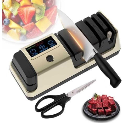 Aiguiseur électrique professionnel 5 en 1 avec écran LCD, aiguiseur de ciseaux à 3 vitesses et abrasifs 100 % diamant - Guides d\'angle de précision pour aiguiser les couteaux droits, dentelés et les