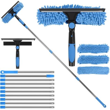 4.5M Raclette à Vitre avec Manche Télescopique, 3-en-1 Kit de Nettoyage Vitre Professionnelle avec Raclette en Silicone & Brosse en Microfibres pour Voiture Fenêtre Hautes(Bleu)