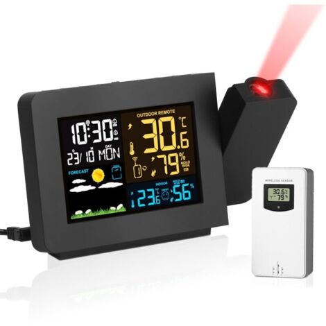 Réveil à projection atomique avec station météo – Projection 180° sur plafond – Capteur sans fil de température et humidité – Double alarme snooze