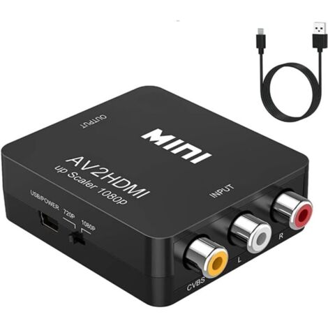 Convertisseur RCA vers HDMI, AV vers HDMI, mini adaptateur audio vidéo composite 1080p, compatible PAL/NTSC pour TV/PC/PS3/lecteur DVD Blu-ray, noir