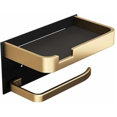 Serbia – Porte-papier toilette mural en aluminium aérospatial – Support adhésif noir doré – Étagère pour téléphone et accessoires – Installation sans perçage (1/5)
