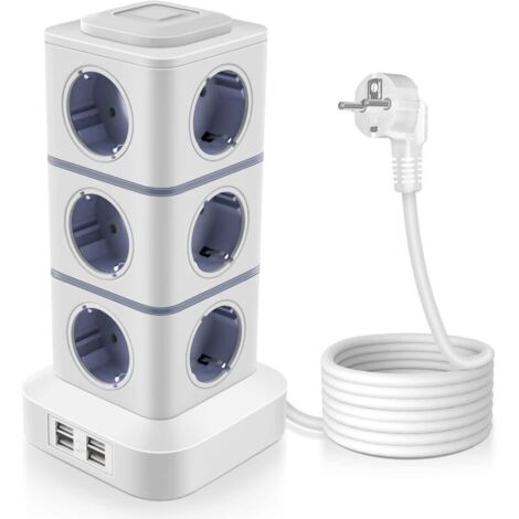 Multiprise 12 prises avec 4 ports USB de charge rapide, ignifuge haute température, tour multiprise adaptée aux appareils haute puissance jusqu'à 2500 W (1/5)