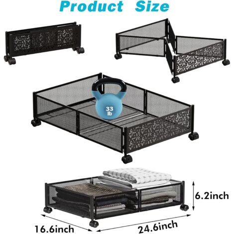 Qiyao – Tiroir de lit sur roulettes 40x60cm – Métal durable – 4 roues rotatives avec frein – Rangement sous le lit pour vêtements et jouets