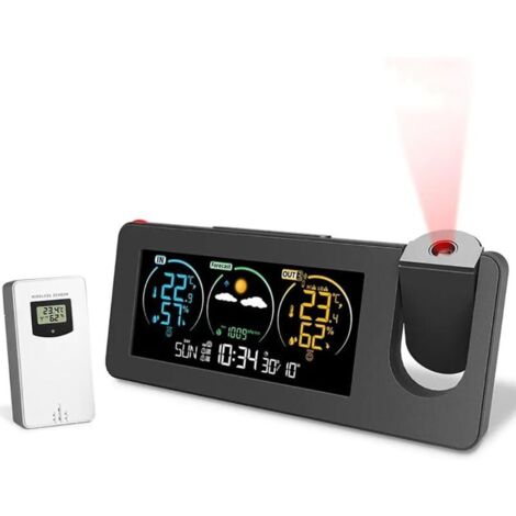 Réveil de projection, station météo avec capteur extérieur, projecteur de chambre à coucher, horloge à intensité variable, double alarme, affichage LCD, date, heure, température, humidité prévisions