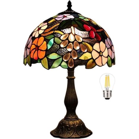 Lampe Tiffany 30,5 cm – Abat-jour en vitrail avec décoration de rose – Prise UE et interrupteur – Pour table de chevet ou bureau