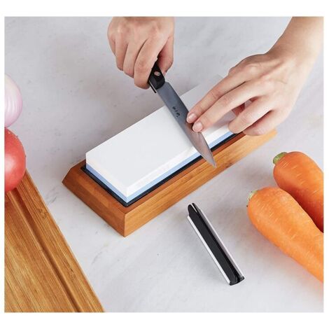 Pierre à Aiguiser Double Face 3000/8000# – Affûteur Couteaux Cuisine Avec Base Antidérapante, Grain Fin/Corindon Blanc