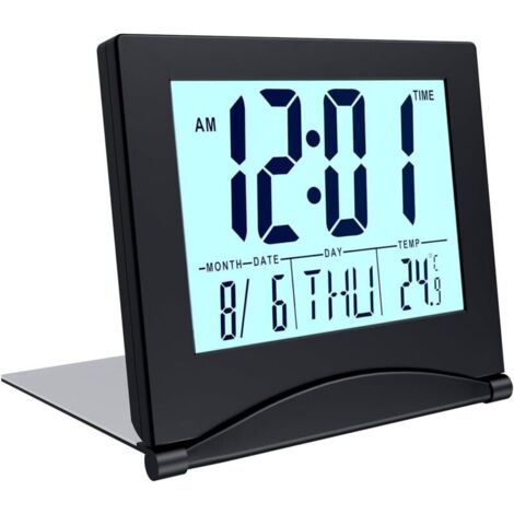 Horloge Numérique LCD Alarme de Voyage Plie avec Rétro-éclairage - Horloge Numérique avec Indication du Jour, de Date et de Température - Alarme Digitale de Bureau à Piles - Noir