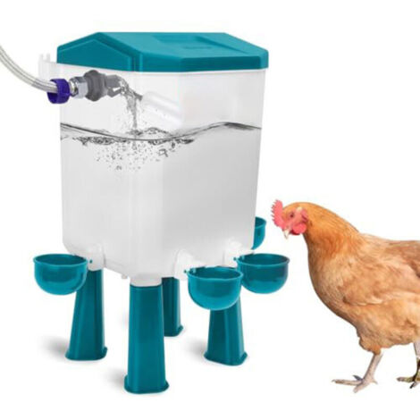 Abreuvoir Poules Automatique 7 Litres avec Pieds, 4 Bols, Flotteur Filtré Contrôlé, Tuyau en Acier Inoxydable de 1,5 m, Distributeur Eau Poule Automatique Pour Canards, Oies, Dindes et Pigeons